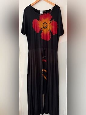 Rare Vintage Black Pantsuit with Bold Red-Orange Floral Accent